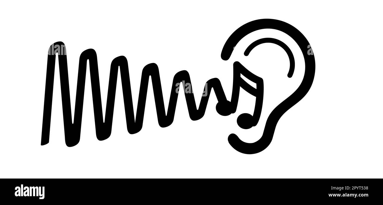 Tinnitus. Klingeln in den Ohren. Menschliches Ohr mit Tinnitus-Symbol. Vektorlinienmuster. Unerträgliches Ohrenklingeln. Zum Begriff der Erkrankungen der Hörorgane oder Stockfoto