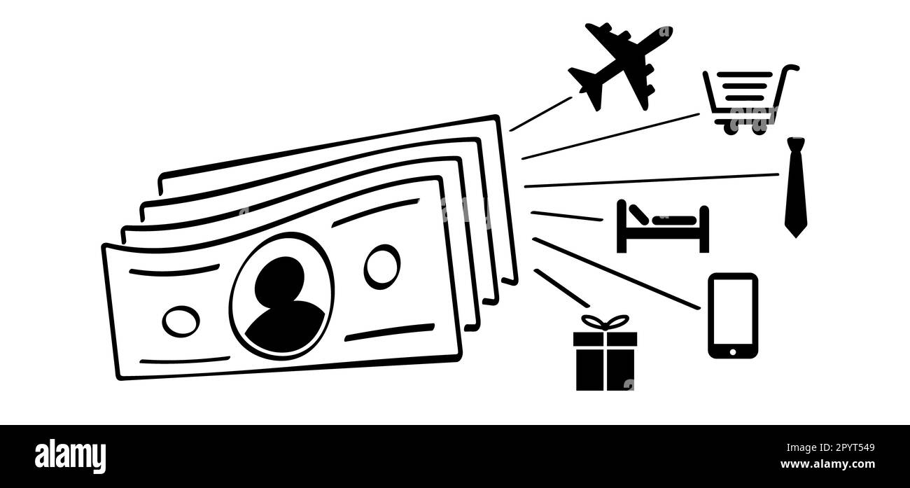 Einkaufen. Zahlungspiktogramm. Cartoon-Laden, mit Kreditkarte kaufen. Kontaktlose Karte. Zahlungskarten. Plastikkarten, Zahlungen. Brieftasche, Geld und Hand. Bankwesen Stockfoto