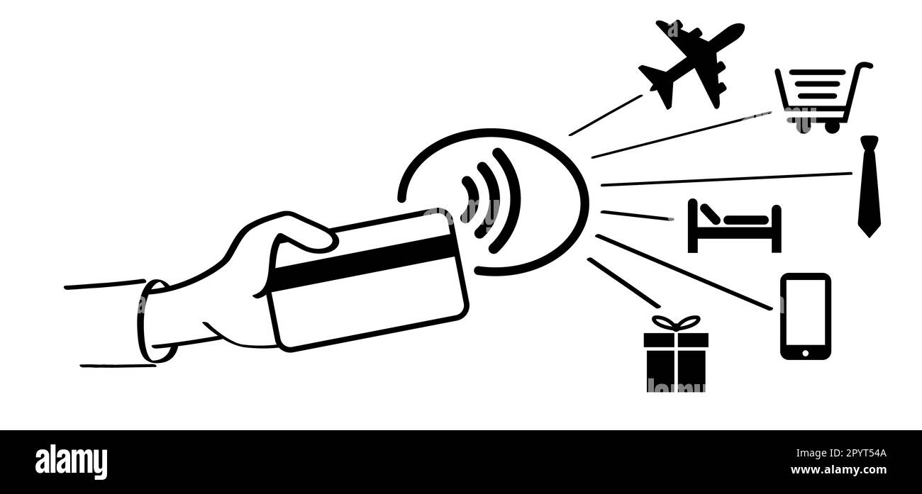 kontaktlose nfc Pay-Karte. Cartoon-Zahlung, eine Hand mit einer Kreditkarte. Zahlungskarten. Plastikkarten. Brieftasche, Geld und Hand. Finanzinvestitionen im Bankwesen. T Stockfoto