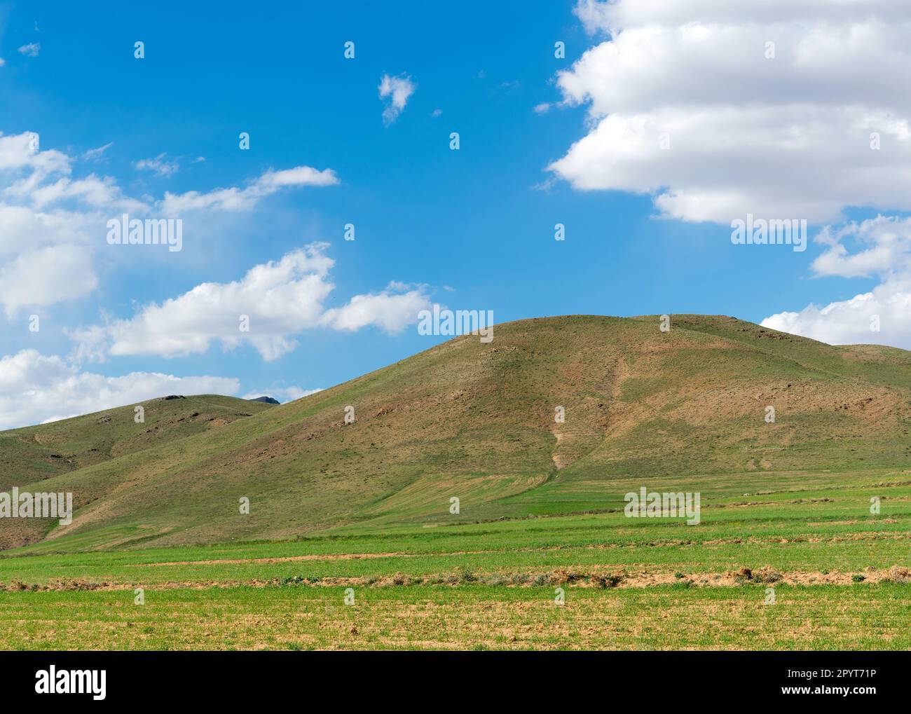 Berge und Wolken und Grünflächen im Frühling Stockfoto