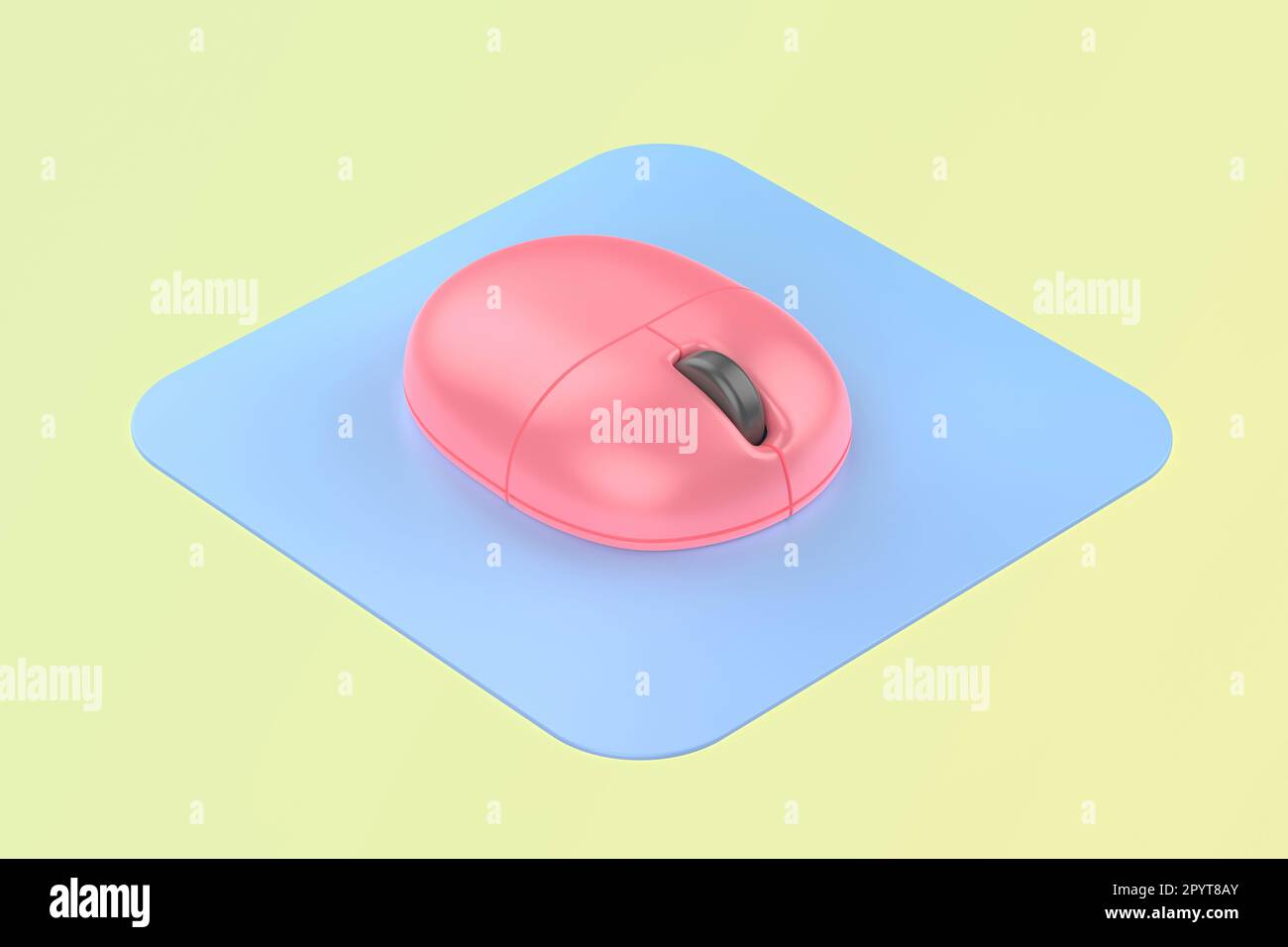 Rosafarbene drahtlose Computermaus mit blauem Mauspad auf grünem Hintergrund Stockfoto