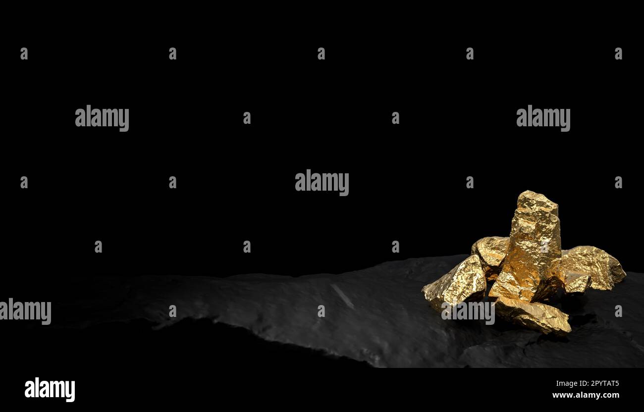 Schwarzer Hintergrund und goldene Steine, 3D-Rendering Stockfoto