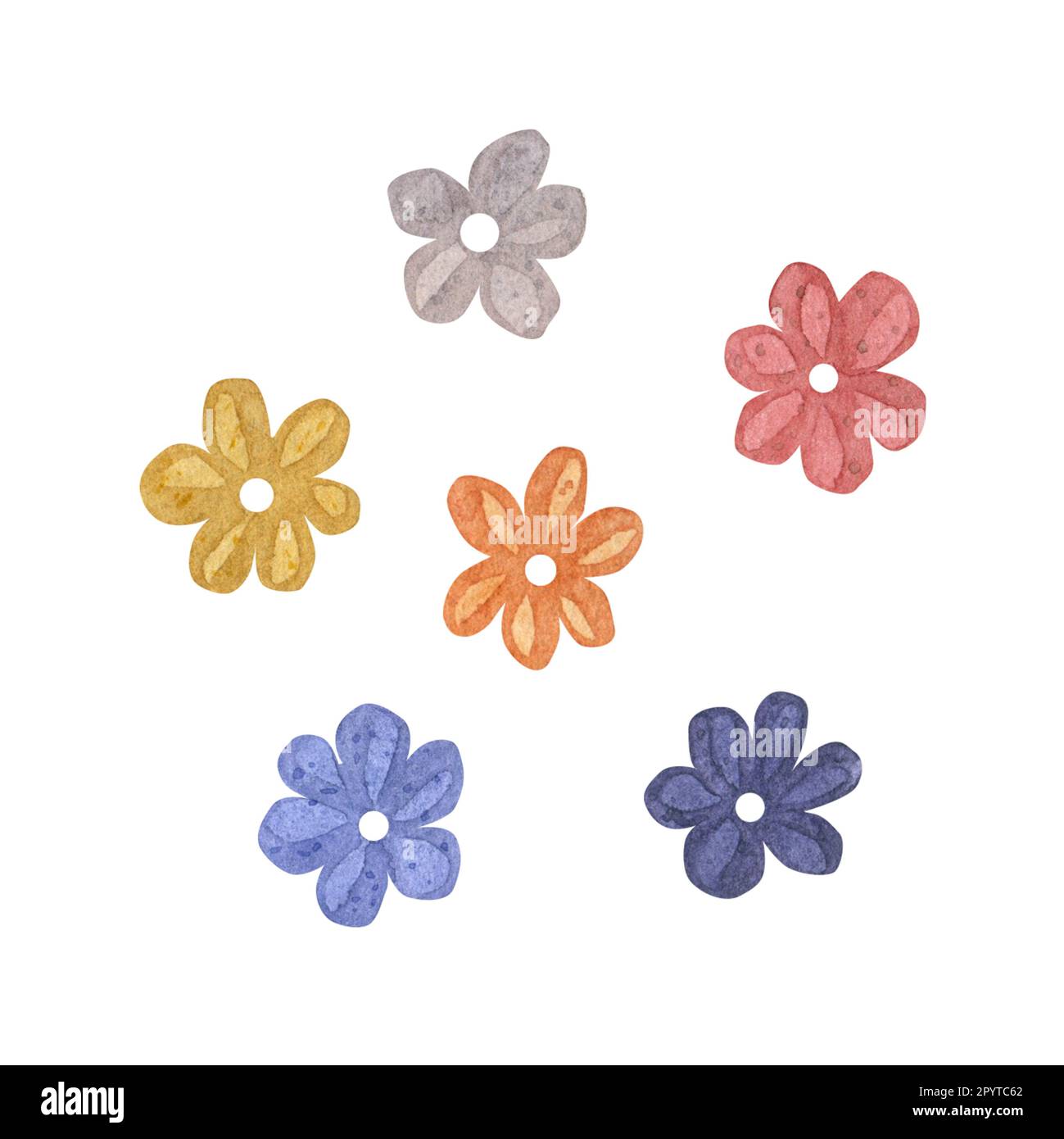 Aquarell Darstellung von Blumen in einer einfachen Form von Gelb, Orange, Rot und Blau, hervorgehoben auf weißem Hintergrund, Kindheit, Spaß Stockfoto