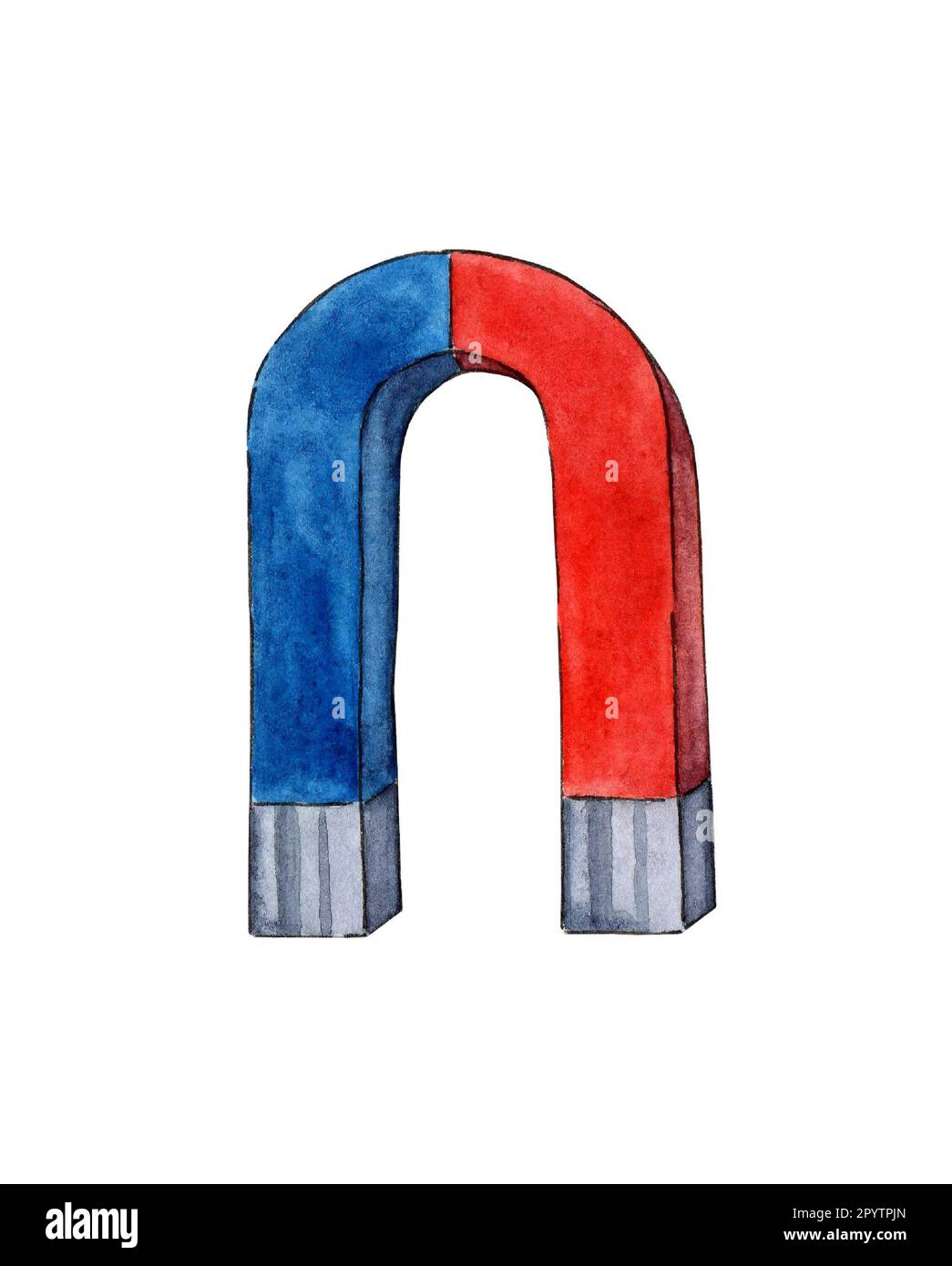 Aquarelle Darstellung eines roten und blauen Hufeisenmagneten. U-förmiges Magnetsymbol. Magnetismus, Magnetisierung, Anziehungskonzept. Zurück in die Schule. Isolat Stockfoto