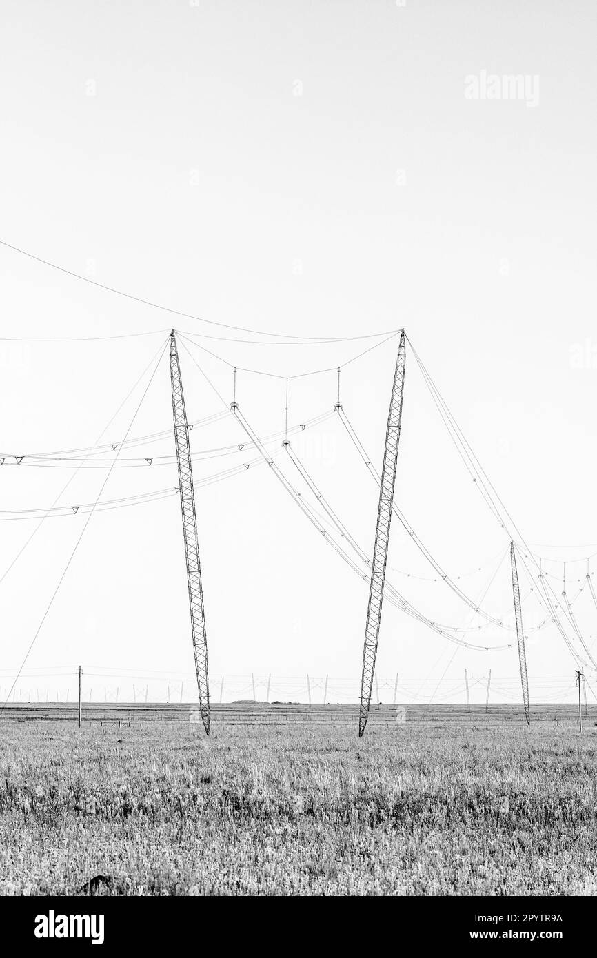 Eine Kraftübertragungsstrecke mit verschlissenen Seil-Hängegerüsten in der Nähe von Jagersfontein in der Freistaat-Provinz. Schwarzweiß Stockfoto
