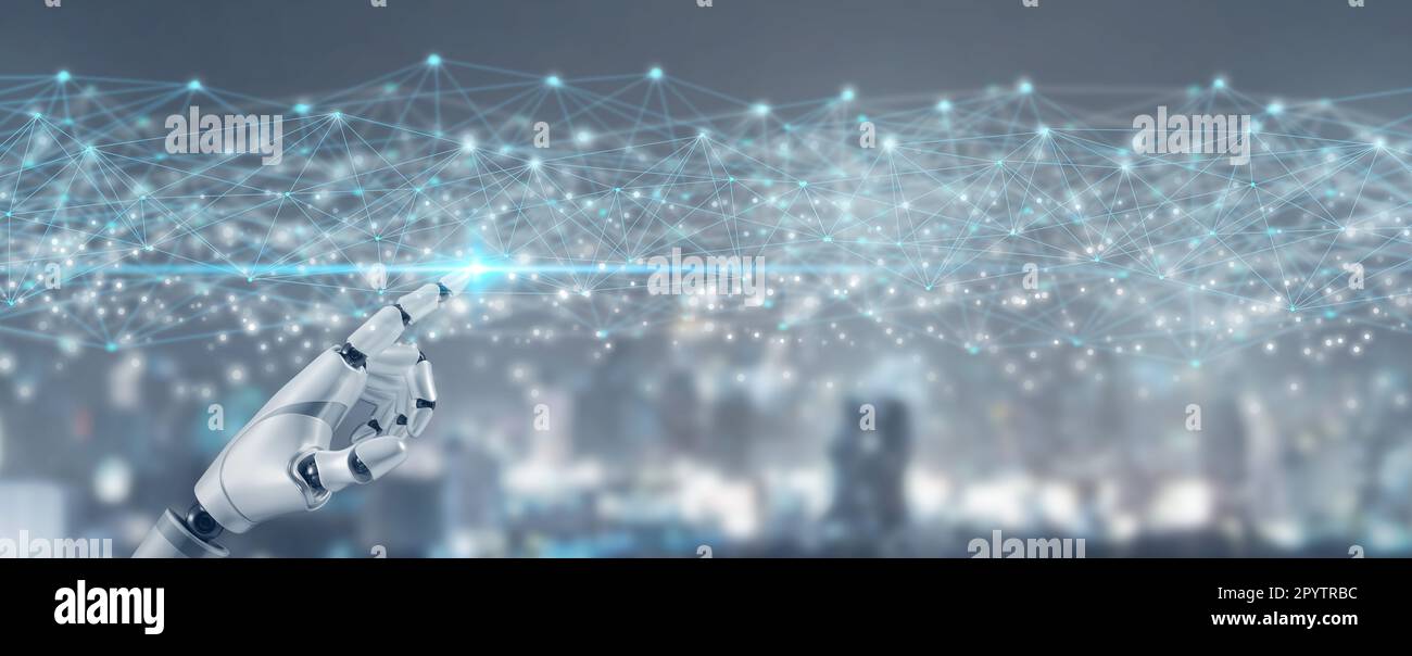 Der Finger eines humanoiden KI-Roboters berührt die digitale Welt von Metaverse – Eine revolutionäre digitale Transformation und automatisierte Technik der künstlichen Intelligenz Stockfoto