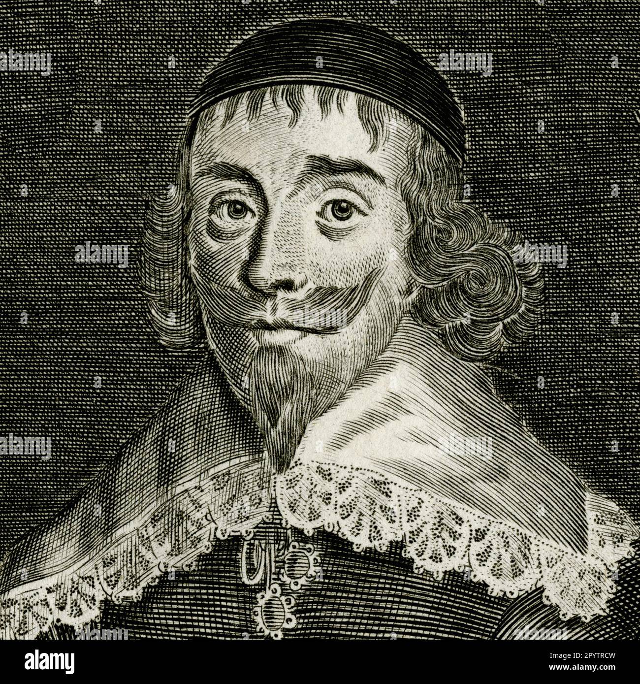 John Bastwick (1593-1654), ein englischer Puritaner, der antirömisch-katholische Abhandlungen veröffentlichte und 1637 in eine Pillory gesteckt wurde, wo ihm die Ohren abgeschnitten wurden, weil er die Ansichten und die Politik des Erzbischofs von Canterbury angegriffen hatte. Im Englischen Bürgerkrieg kämpfte Bastwick als Kapitän der Leicester-Bands für das Parlament. Quadratische Gravur, die in der 1740. Ausgabe von „History of the Rebellion and Civil Wars in England“ von Edward Hyde (1609-1674) verwendet wurde und als 1. Earl of Clarendon auf den Höhepunkt der Ära hochgezogen wurde. Stockfoto