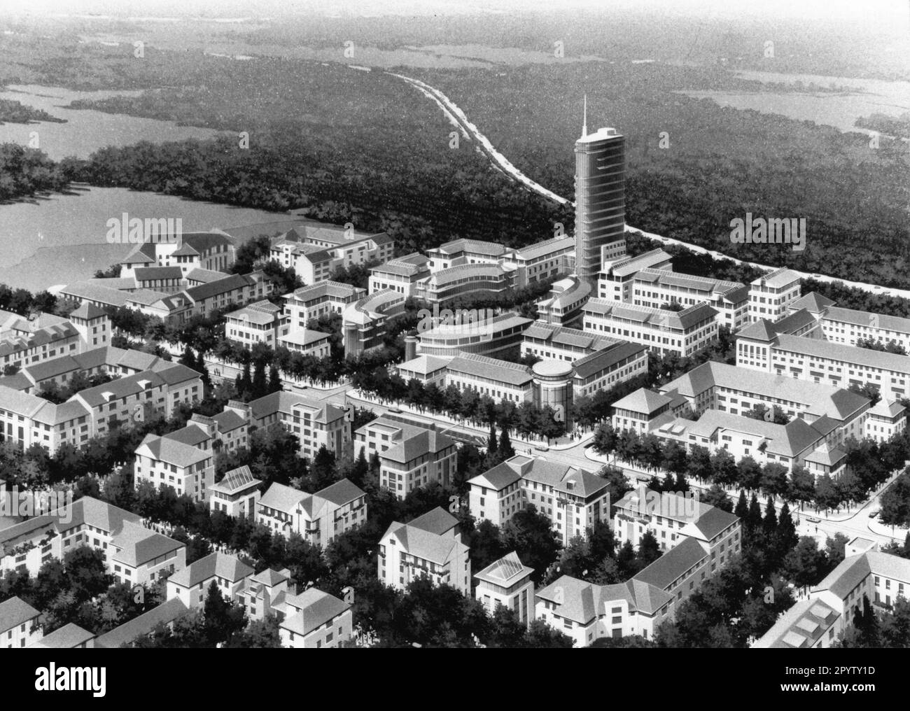 Modell für das neue Wohngebiet Kirchsteigfeld in Potsdam. Bauprojekt. Stadtentwicklung Wohnungsbau. Ein 16-stöckiger Büroturm soll zu einem Wahrzeichen werden.Foto: MAZ/Groth Graalfs, 04.09.1993 [automatisierte Übersetzung] Stockfoto