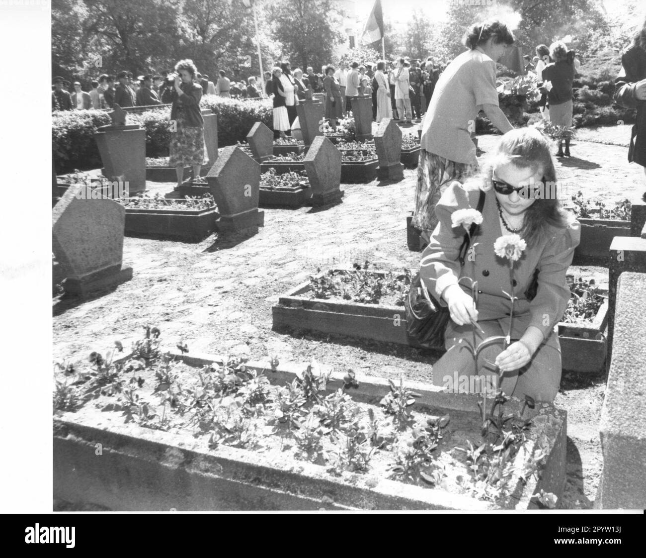 Potsdam der Ehrenfriedhof des Soldaten auf dem Bassinplatz , letzte gemeinsame Ehre der Gefallenen der Roten Armee mit Mitgliedern der Potsdamer Garnison der westlichen GUS-Streitkräfte , deutsche Streitkräfte und Bevölkerung auf 08.05.1994 Grabsteinen, Gedenkstätte, Kränze, Uniformen Foto: MAZ/Bernd Gartenschläger [automatisierte Übersetzung] Stockfoto