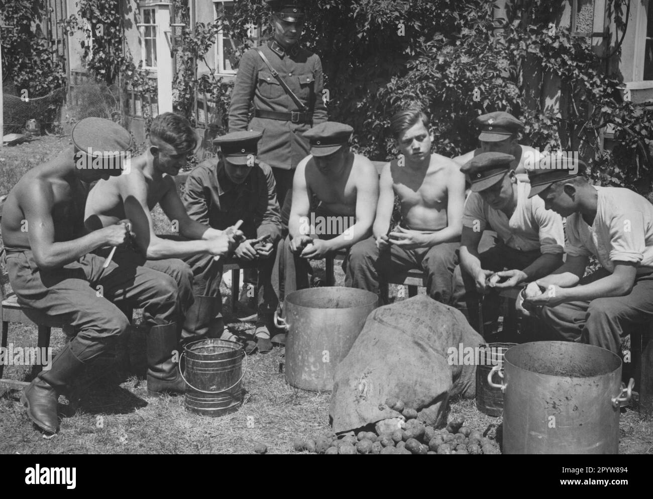 Mitglieder des Freiwilligen Arbeitsdienstes schälen Kartoffeln. [Maschinelle Übersetzung] Stockfoto