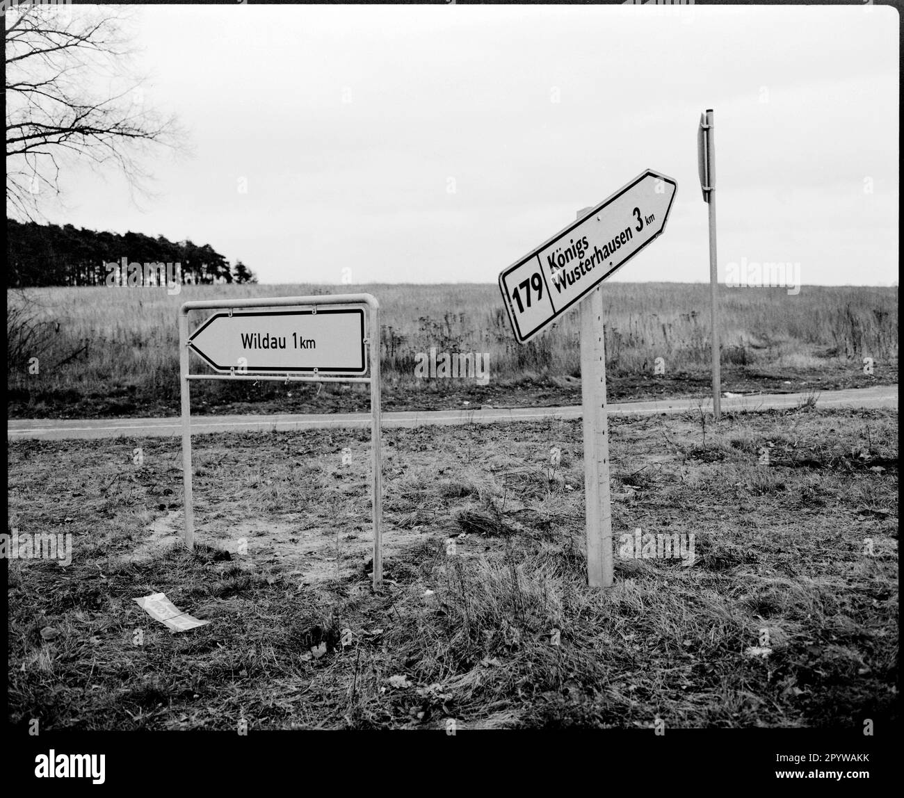 Wildau, Königs Wusterhausen (Bezirk Dahme-Spreewald, Brandenburg). Verkehrsschilder auf der Wiese. Foto, Dezember 1993. Stockfoto