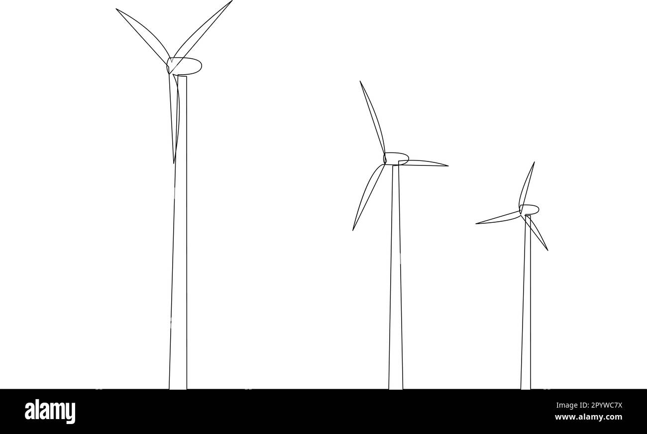 Durchgehende, einzeilige Silhouette der alternativen Energie von Windturbinen. Der Begriff des Symbols der Ökologie und des Naturschutzes, gezeichnet durch Singen Stock Vektor