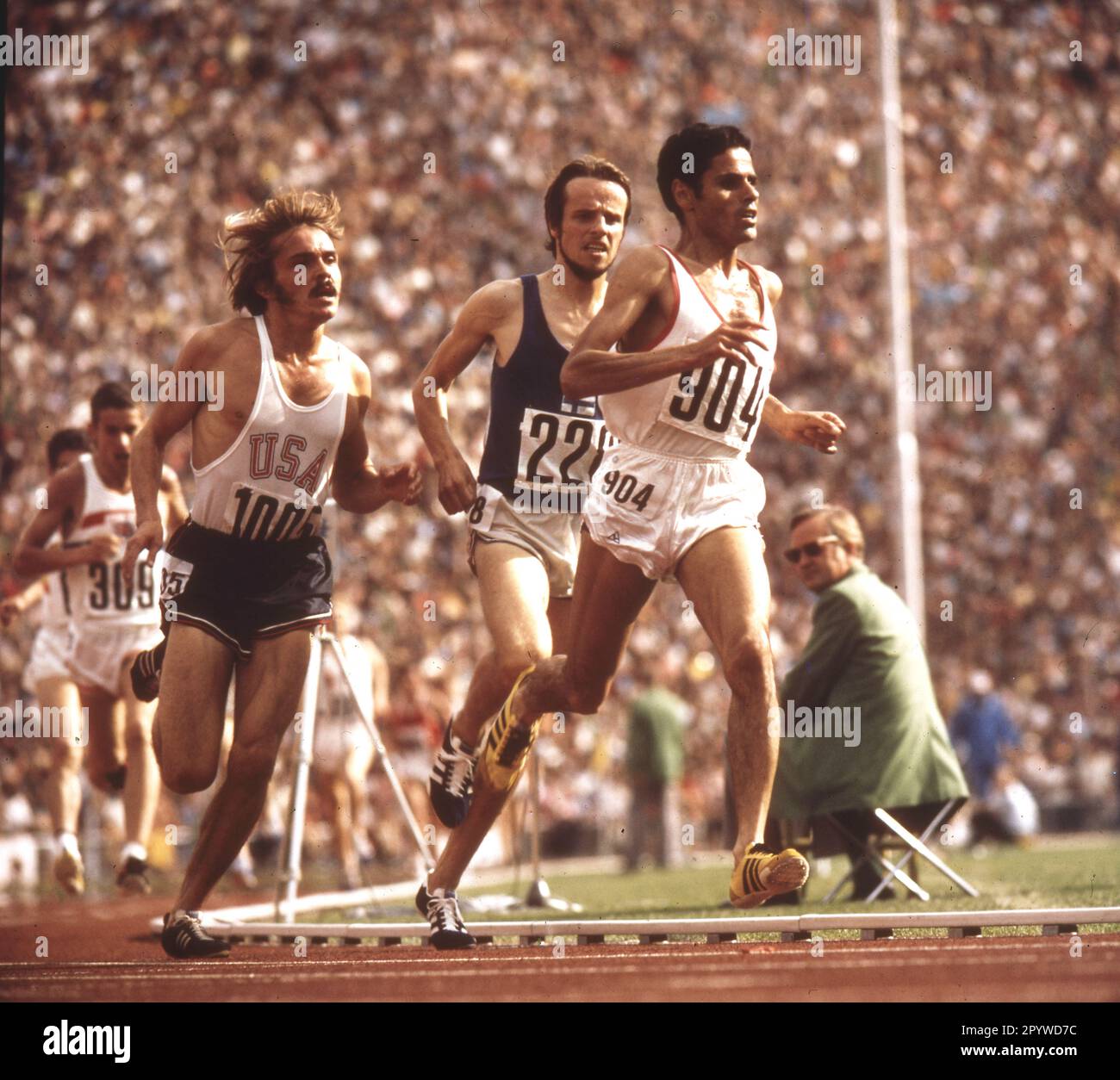 Olympische Spiele München 1972: 5000m in Führung: Mohamed Gammoudi (tun) vor Lasse Viren (FIN/Center) und Steve Prefontaine (USA). 10.09.1972. [Automatisierte Übersetzung] Stockfoto