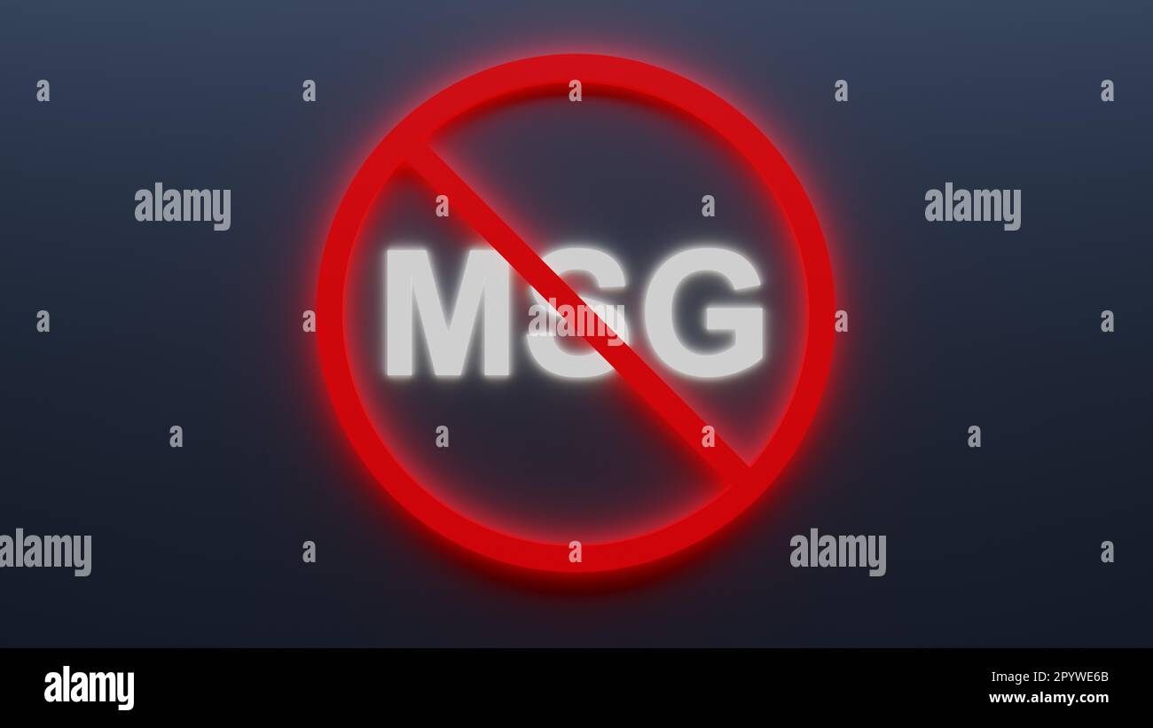 Schild Nr. für Mononatriumglutamat MSG C5H8NNaO4 in Lebensmitteln – glänzend beleuchtet Stockfoto