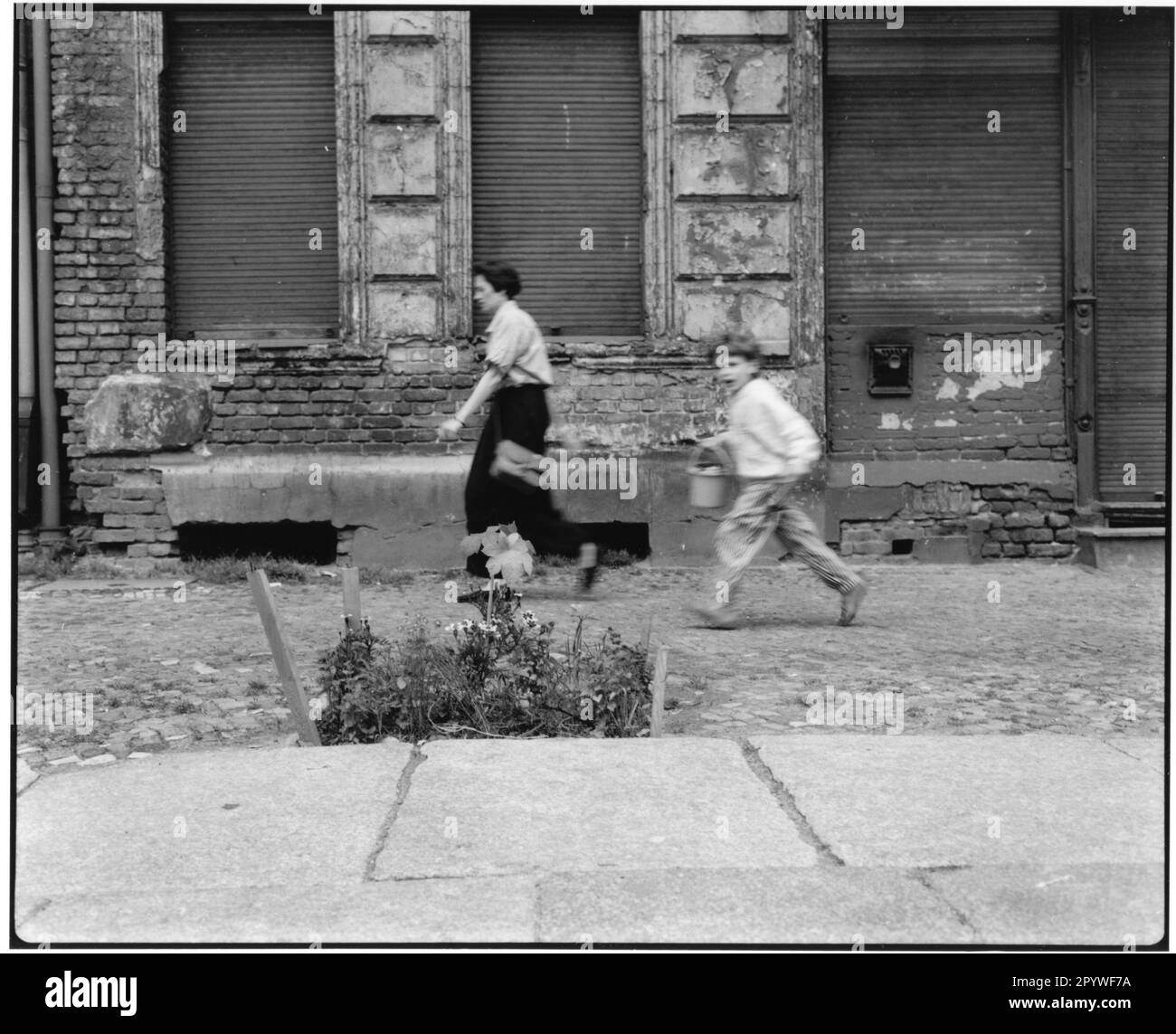 Berlin, Bezirk Prenzlauer Berg (ehemals Ostberlin, DDR), Straßenblick auf die Knaackstraße kurz nach der Abbiegung. „Hoffnungsgarten“ (Blumenbeet auf dem Gehweg). Schwarz-Weiß. Foto, 1993. Stockfoto