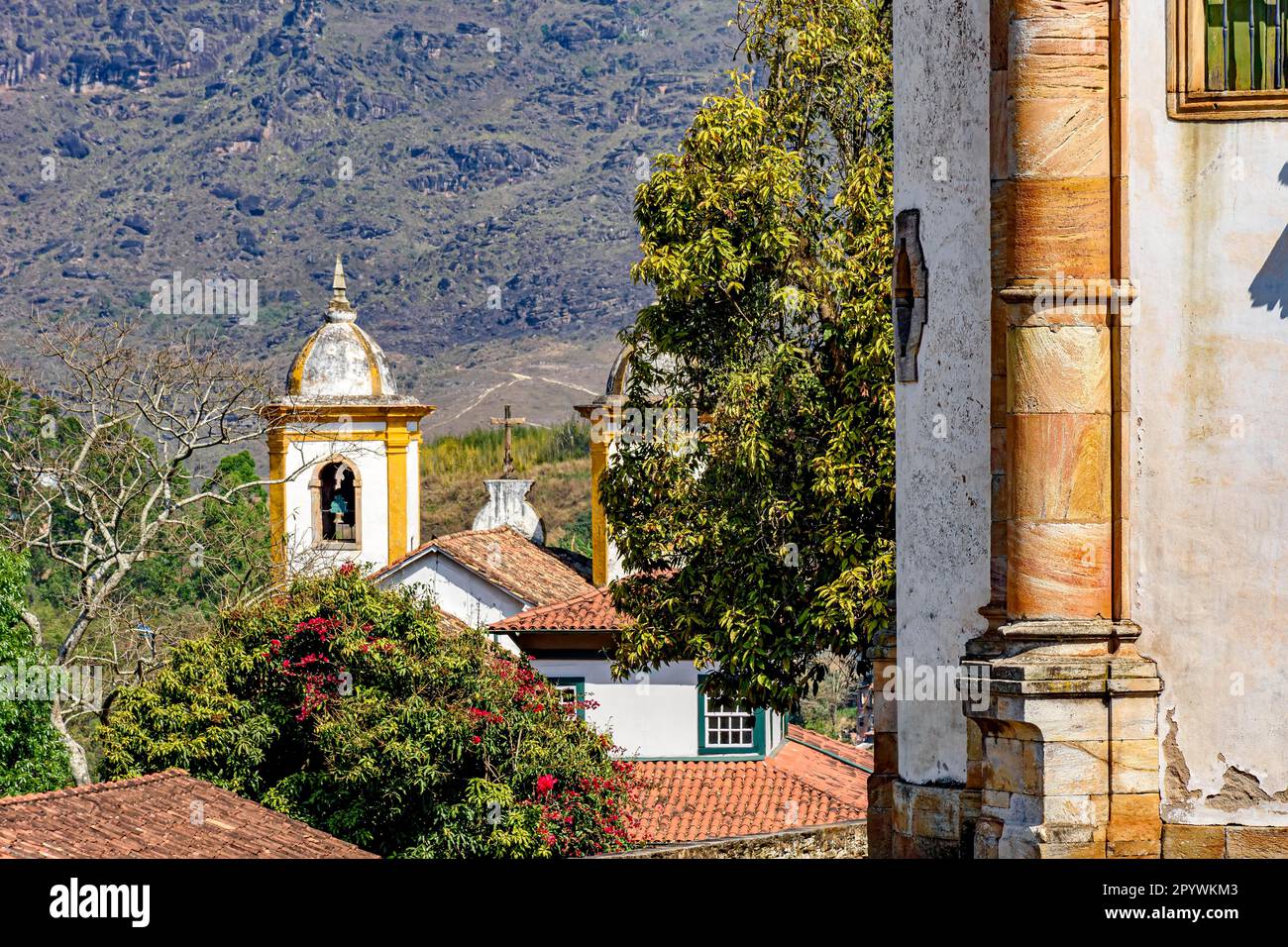 Fassade und Türme einer barocken Kirche, versteckt in der Vegetation mit dem Hügel im Hintergrund in der historischen Stadt Ouro Preto in Minas Gerais Stockfoto