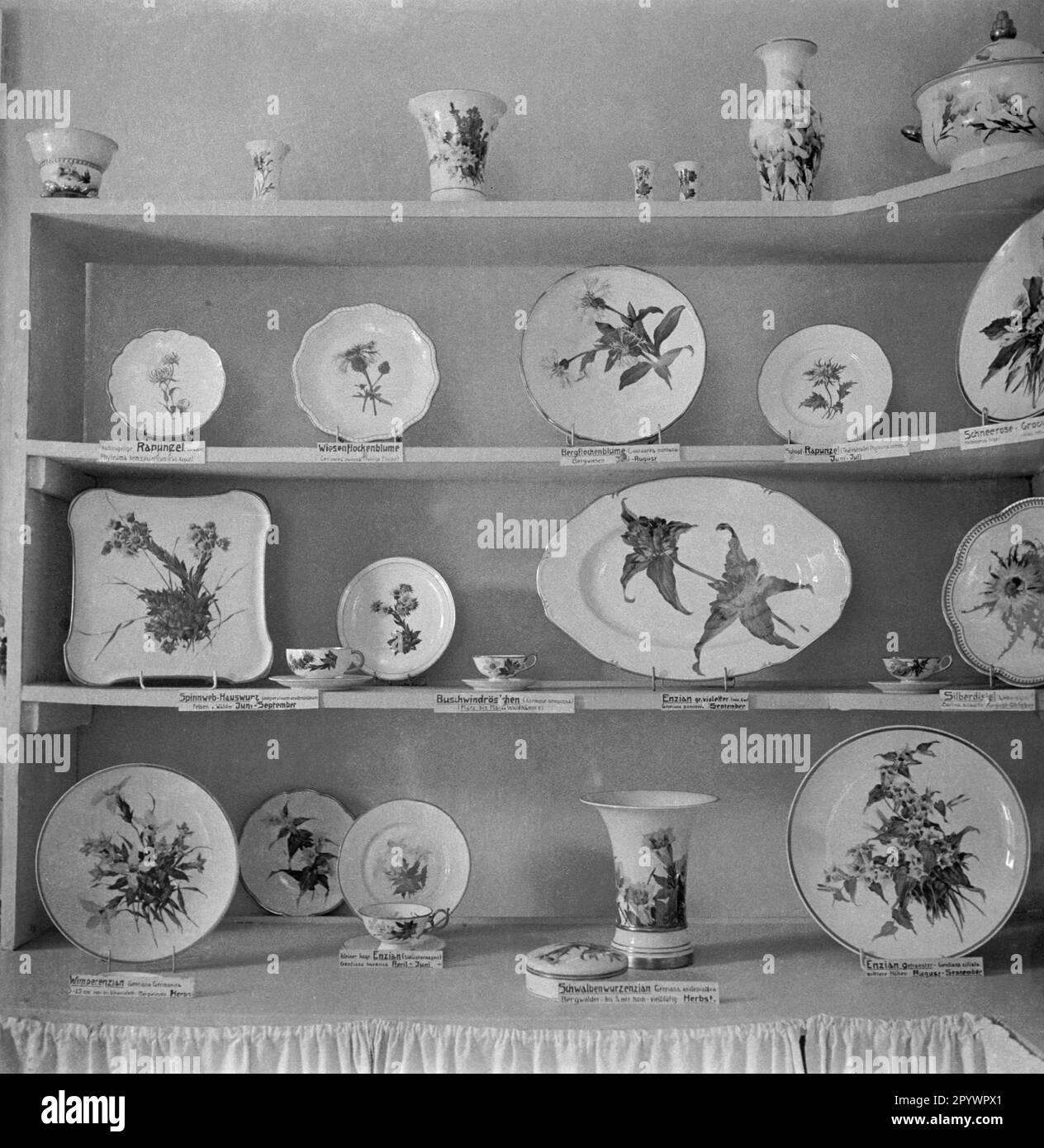 Porzellan mit Wildblumenmotiven im Berchtesgadener Land. Unbezahltes Foto von etwa 1935. Stockfoto