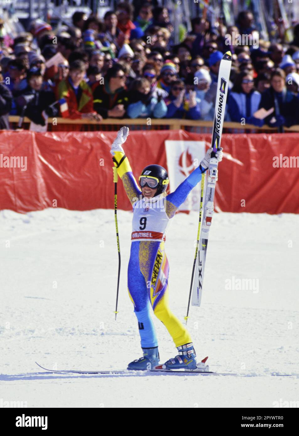 Olympische Winterspiele Albertville 08-23.02.1992 Giant Slalom Women 19.02.1992 Pernilla WIBERG (Schweden) jubelt an der Ziellinie. FOTO: WEREK Press Photo Agency xxNOxMODELxRELEASExx [automatisierte Übersetzung]- ÖSTERREICH AUSSERHALB Stockfoto