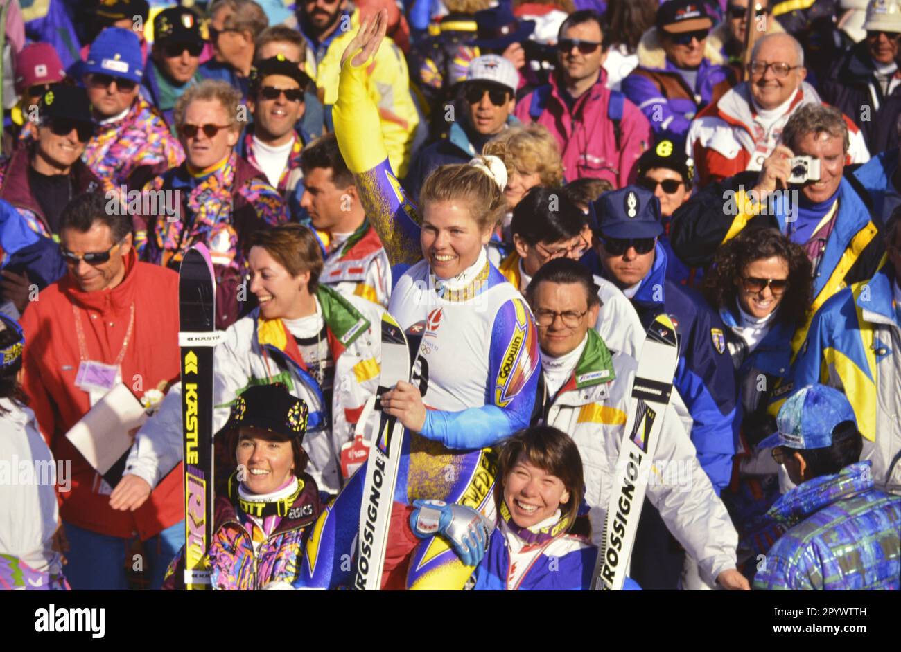 Olympische Winterspiele Albertville 08-23.02.1992 Giant Slalom Women 19.02.1992 Anita WACHTER (Österreich), Pernilla WIBERG (Schweden), Diann ROFFE STEINROTTER (USA) FOTO: WEREK Press Picture Agency xxNOxMODELxRELEASExx [automatisierte Übersetzung]- ÖSTERREICH AUS Stockfoto