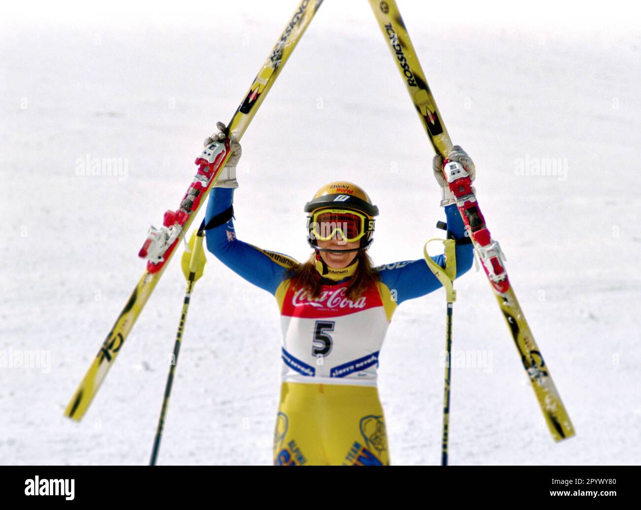 SKI ALPIN STAFFEL 95/96 Weltmeisterschaft 1996 Sierra Nevada Slalom Women 24.02.1996 Pernilla WIBERG (SWE) Cheers im Zielland FOTO: WEREK Pressebildagentur xxNOxMODELxRELEASExx [automatisierte Übersetzung]- ÖSTERREICH RAUS Stockfoto