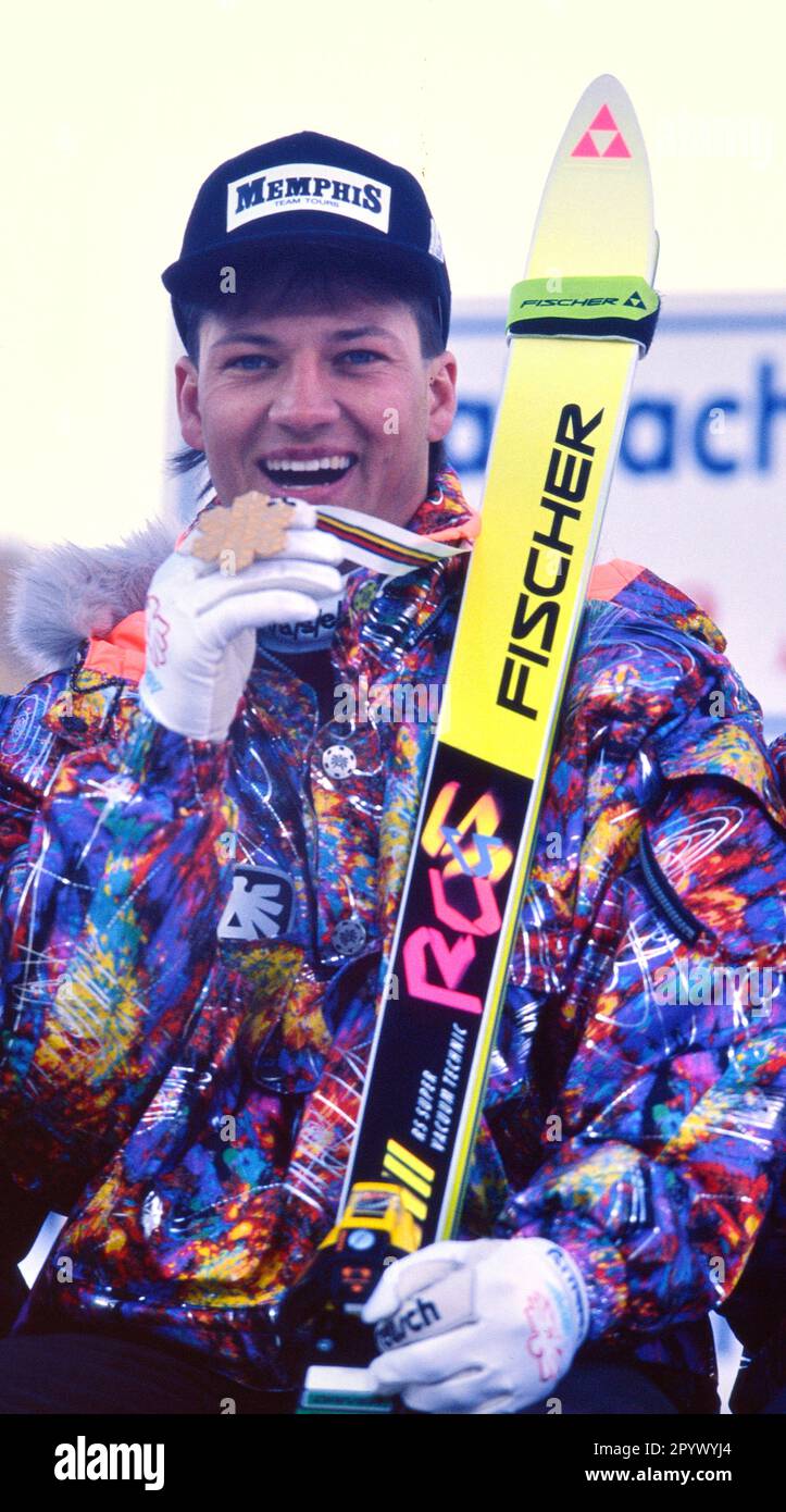 SKI ALPIN STAFFEL 90/91 Weltmeisterschaft 1991 Saalbach-Hinterglemm Super G Men 23.01.1991 Stephan EBERHARTER ( AUT) xxNOxMODELxRELEASExx (automatisierte Übersetzung) - ÖSTERREICH RAUS Stockfoto