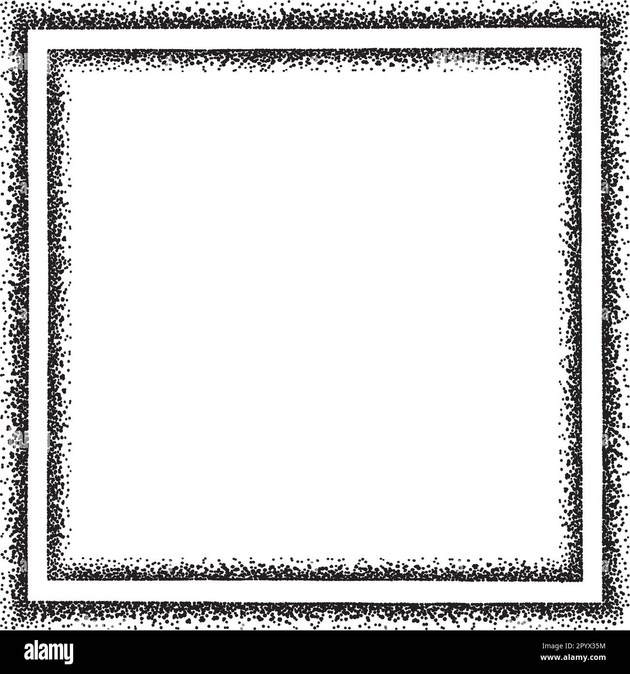 Ein quadratischer Rand, der als Rahmen für Ihre Designs verwendet werden kann, mit unregelmäßigen schwarzen Punkten. Stock Vektor