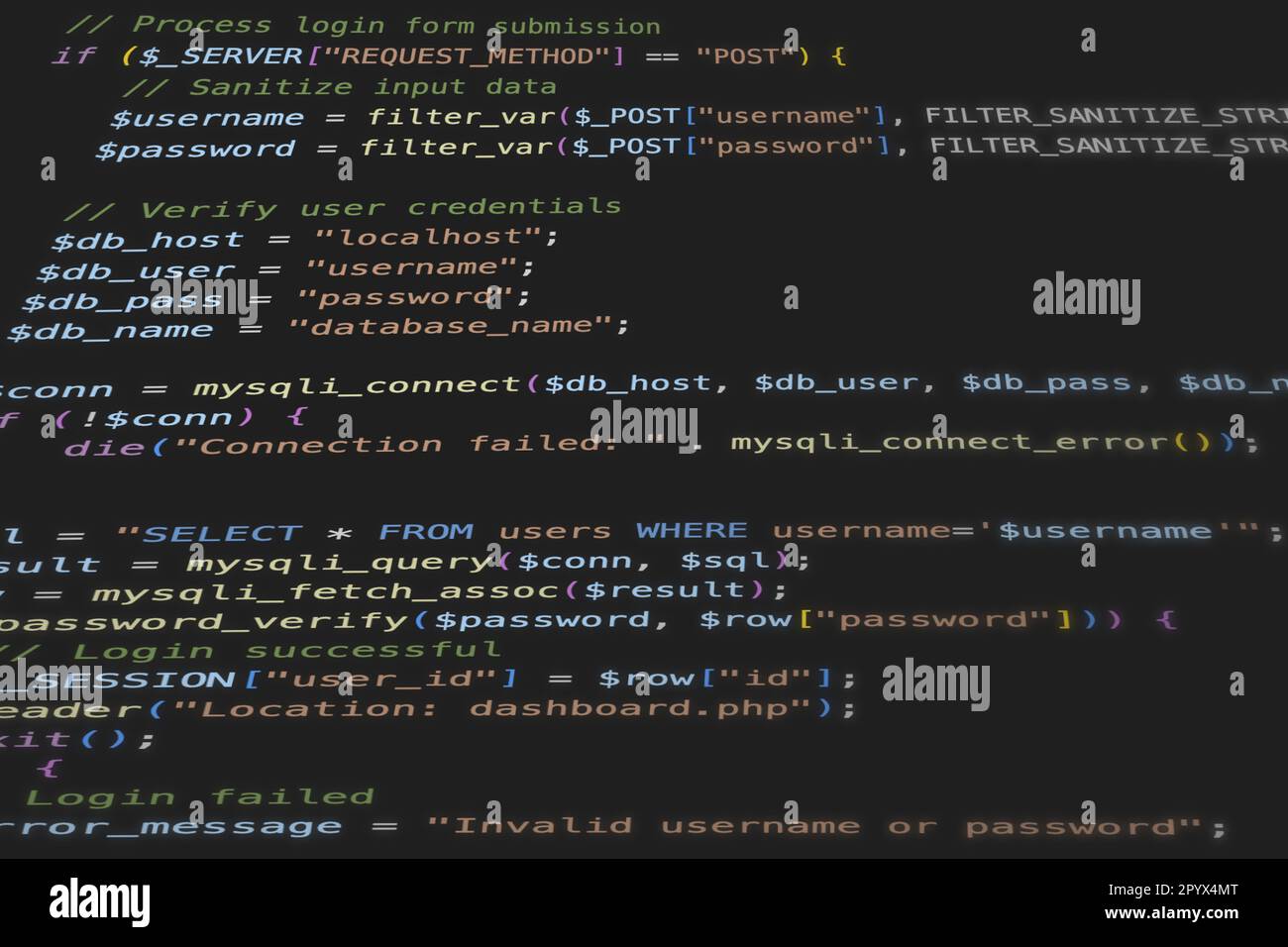 Software-Quellcode in PHP Open Source-Programmiersprache. Symbolisch für die Entwicklung von Internetanwendungen und Websites. Stockfoto