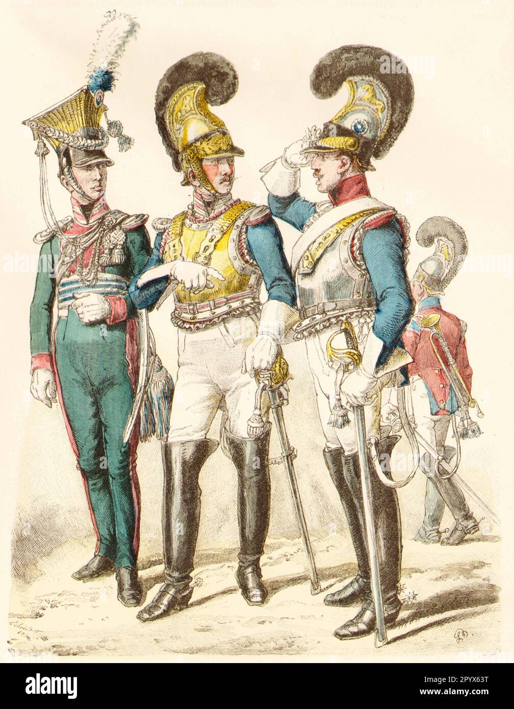 Bayerische Soldaten in Uniformen des 19. Jahrhunderts: offizier der Uhlans, Garde du Corps, Cuirassier, Trompeter. [Maschinelle Übersetzung] Stockfoto