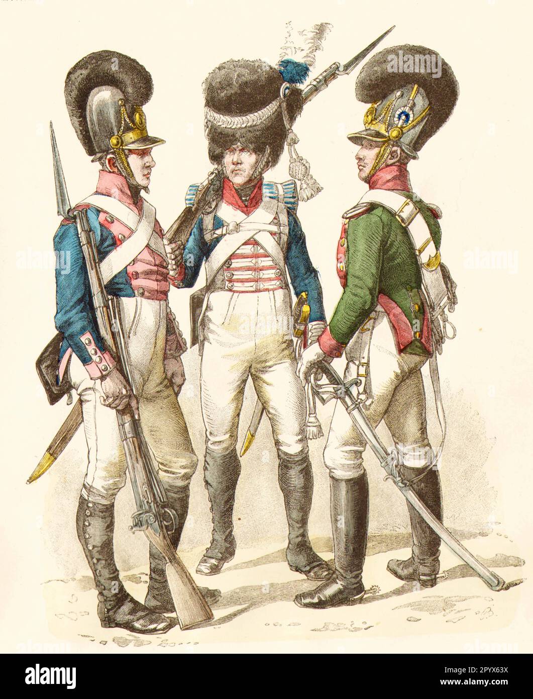 Bayerische Soldaten in Uniformen des 19. Jahrhunderts: Infanterie, Grenadierwache, Chevauleger. [Maschinelle Übersetzung] Stockfoto