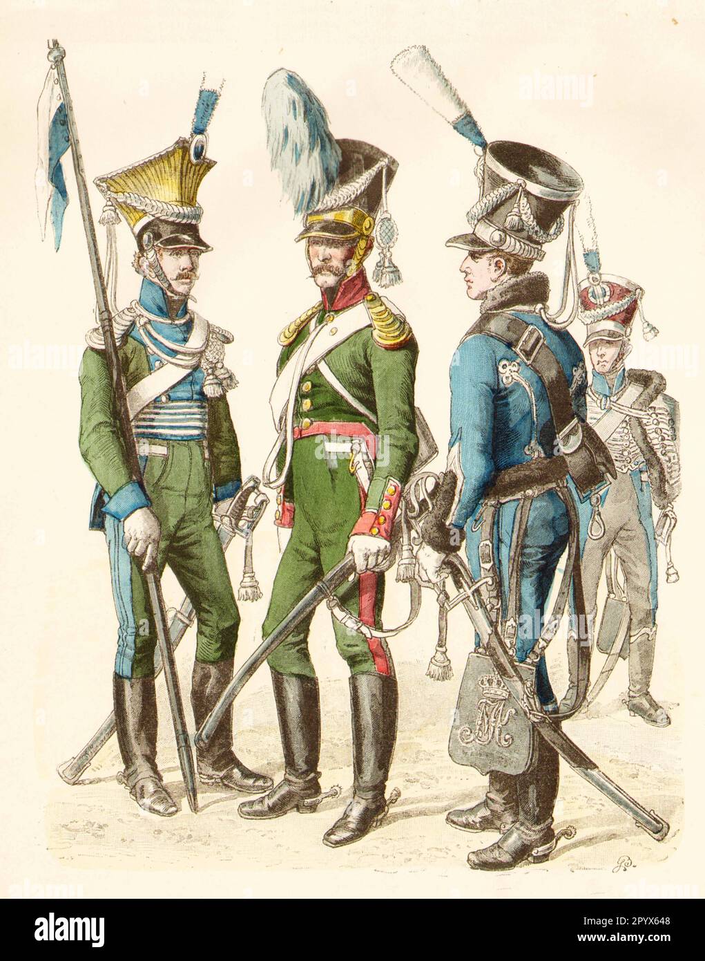 Bayerische Soldaten in Uniformen des 19. Jahrhunderts: ulan, nationaler Chevauleger, Hussar. [Maschinelle Übersetzung] Stockfoto