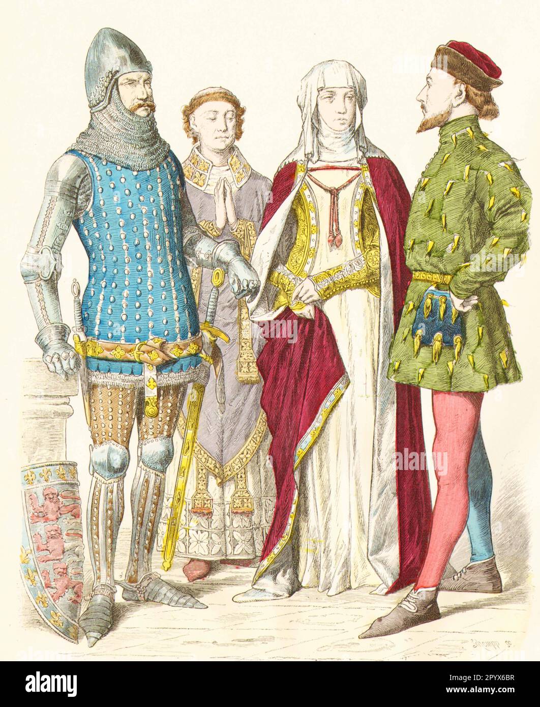 Englischer Ritter, edle Frau und Burger in zeitgenössischer Kleidung, ca. 1350. [Automatisierte Übersetzung] Stockfoto