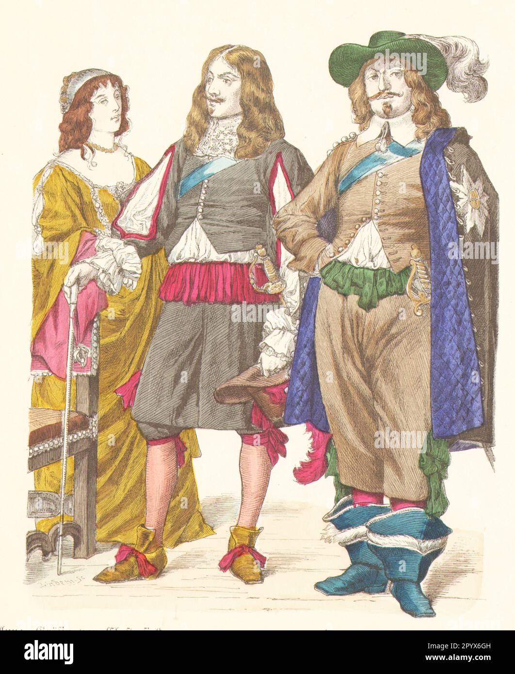 Englische Adelige in zeitgenössischem Kostüm, von links. Anna, Gräfin von Chesterfield, ein Adliger am Hof von Karl II., dem Herzog von Newcastle. [Maschinelle Übersetzung] Stockfoto