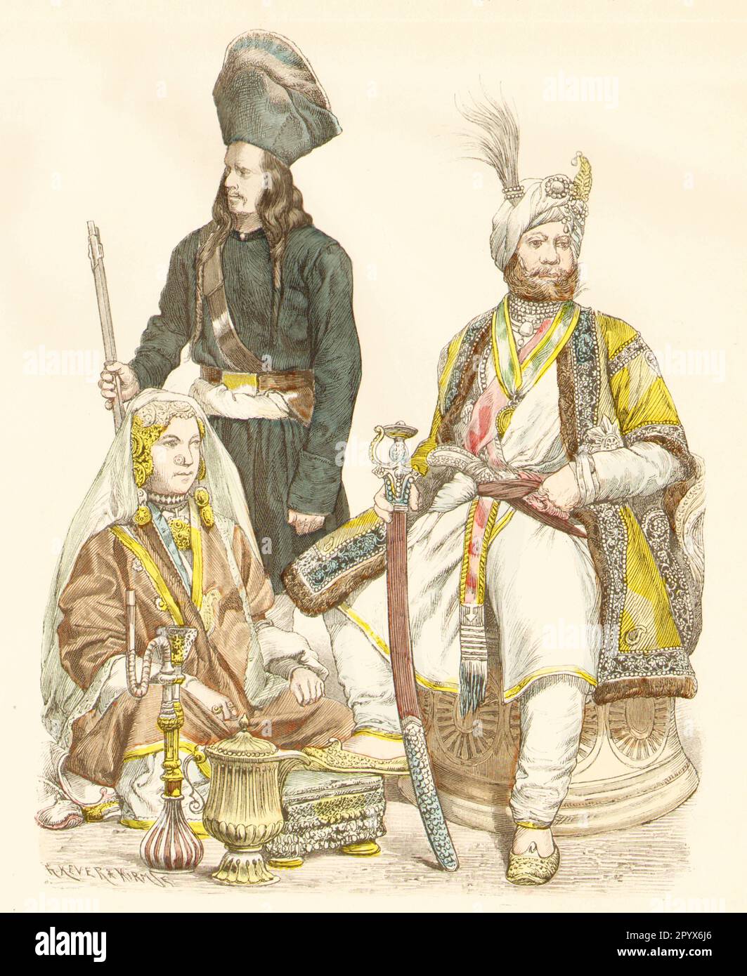 Leibwächter des Rajah von Kaschmir und Tänzer am Hof, Ca. 1850. [Automatisierte Übersetzung] Stockfoto