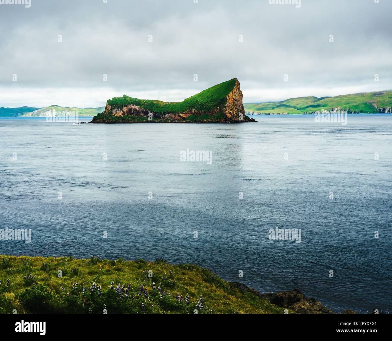 Eine malerische Landschaft mit einer kleinen Insel mit üppigem grünen Gras, Umnak, Alaska Stockfoto