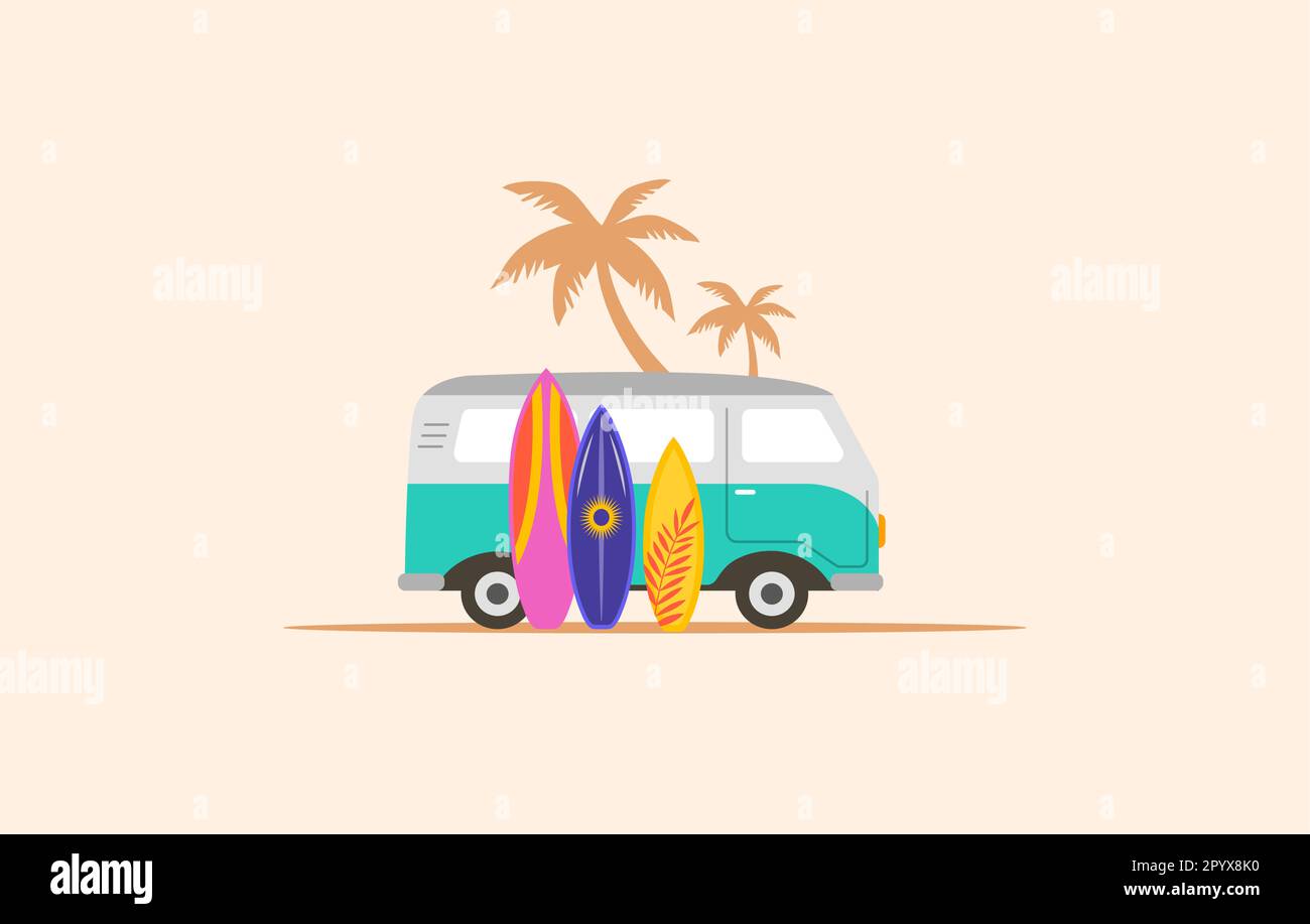 Blauer Vintage-Mikrobus, Surfwagen mit Surfbrett und Palmen im Hintergrund Stock Vektor