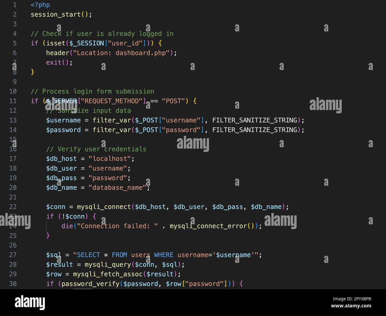 Software-Quellcode in PHP Open Source-Programmiersprache. Symbolisch für die Entwicklung von Internetanwendungen und Websites. Stockfoto
