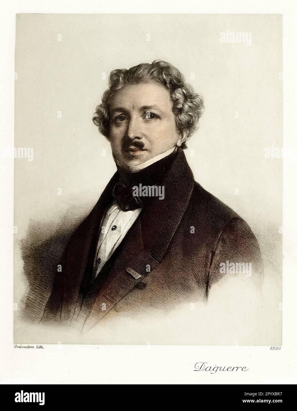 Louis Jacques Mandé Daguerre (1787-1851), französischer Maler, erfand 1837 den Daguerreotyp, den ältesten fotografischen Prozess. Lithographie von Grevedon. Foto: Heliogravure, Corpus Imaginum, Hanfstaengl Collection. [Maschinelle Übersetzung] Stockfoto