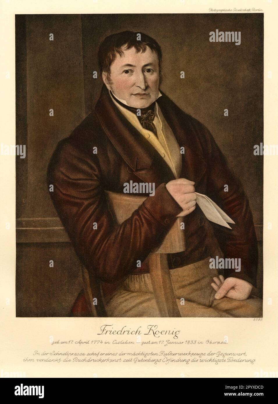 Friedrich Koenig (1774-1833), deutscher Hochdruckdrucker und Erfinder, spielte eine wichtige Rolle bei der Entwicklung der Zylinderdruckpresse für den Hochdruck. Malerei. Foto: Heliogravure, Corpus Imaginum, Hanfstaengl Collection. [Maschinelle Übersetzung] Stockfoto