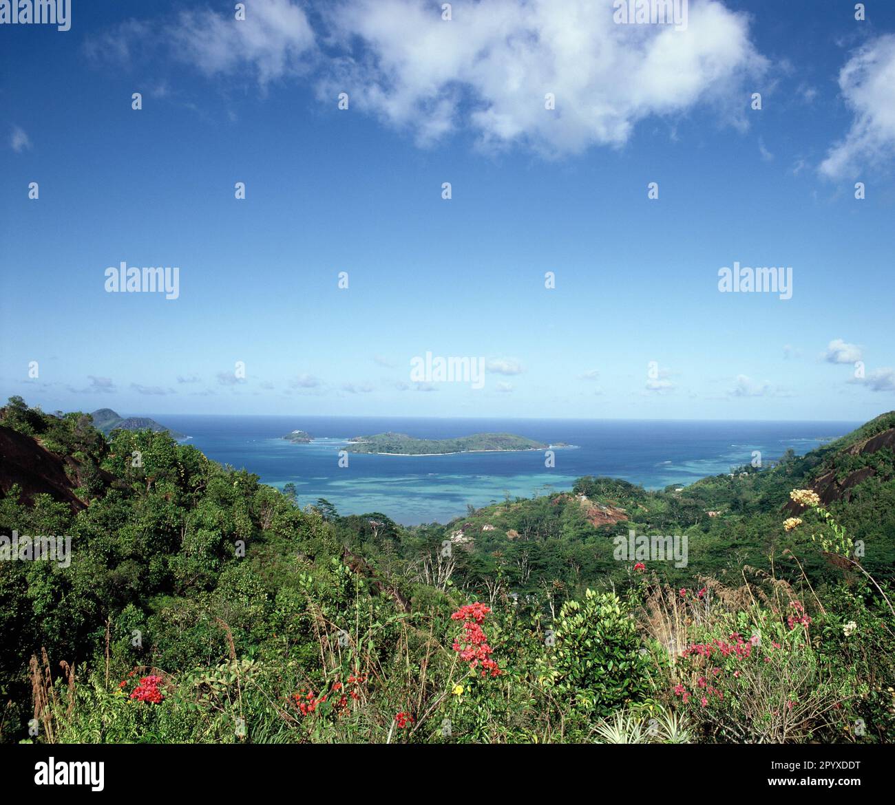 Die Seychellen. Mahé. Die Küste. Sainte-Anne-Marine-Nationalpark. Blick auf Cerf Island. Stockfoto