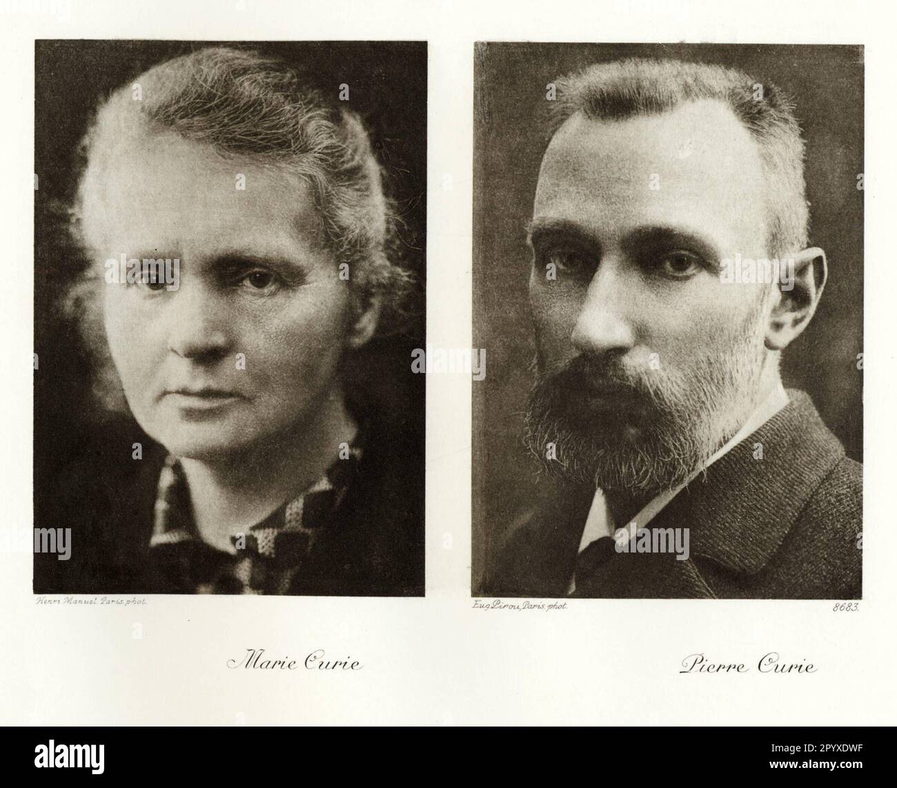 Marie Curie (1867-1934), französische Chemikerin und Physikerin polnischer Herkunft. Foto von Henri Manuel, Paris. Pierre Curie (1859-1906), französischer Physiker. Foto von Eug Pirou, Paris. Das Curie-Paar und A. H. Becquerel erhielten 1903 für ihre Forschung den Nobelpreis für Physik. Marie Curie erhielt 1911 einen weiteren Nobelpreis für Chemie. Fotos: Heliogravure, Corpus Imaginum, Hanfstaengl Collection. [Maschinelle Übersetzung] Stockfoto