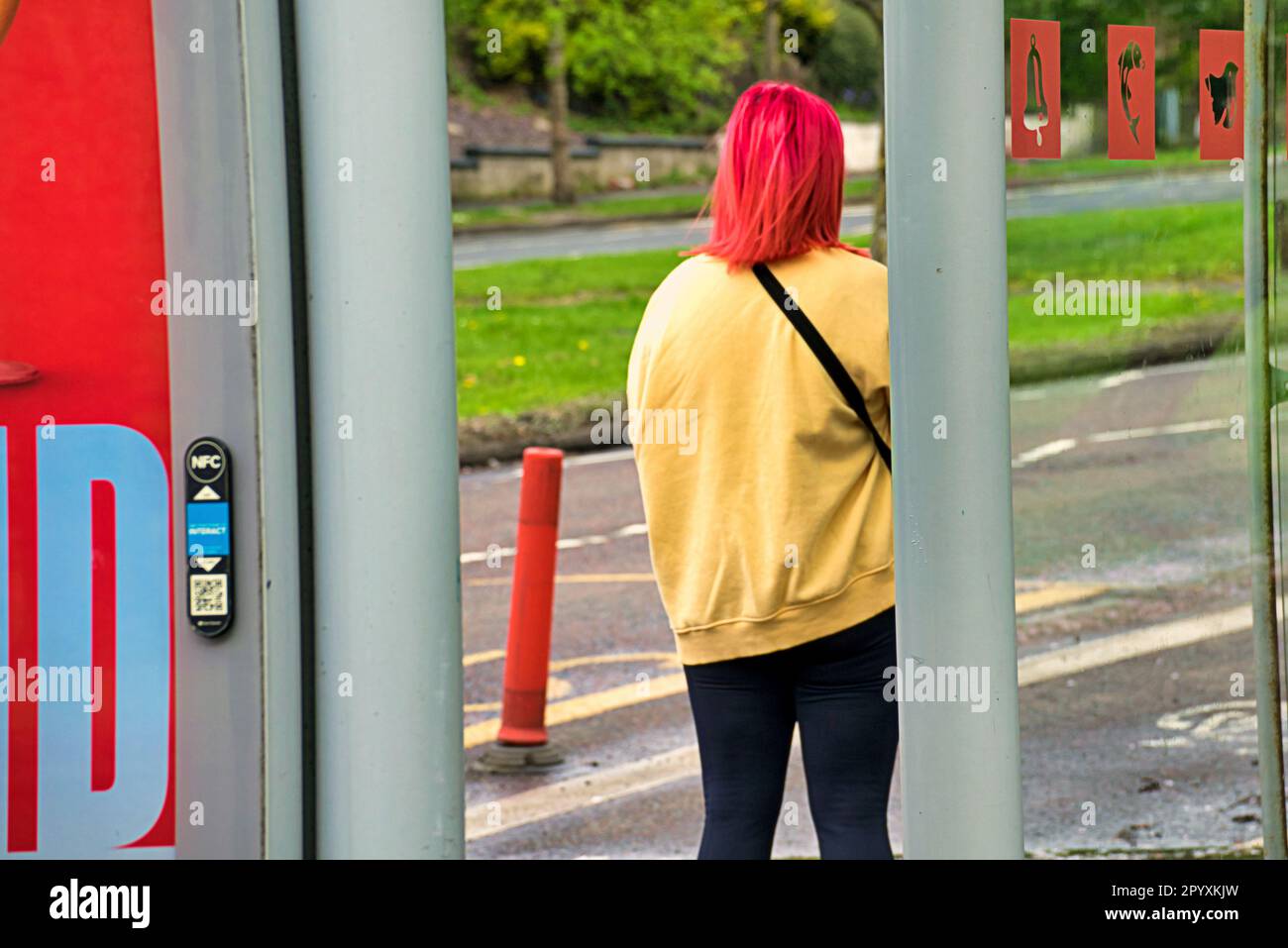Mädchen mit rosa roten Haaren an der Bushaltestelle in Gelb Stockfoto