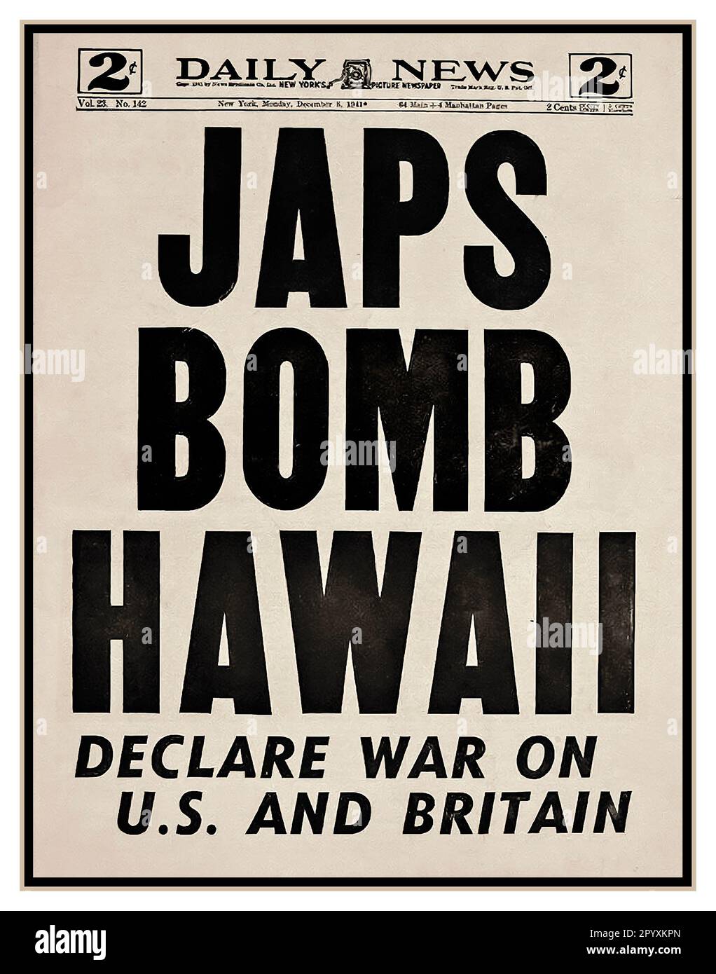 JAPS BOMBE HAWAII 8. Dezember Zeitung Schlagzeile. PEARL HARBOR 7. Dezember 1941 Bomben regneten bei plötzlichem Angriff auf Pearl Harbor und Manila. Der Angriff auf Pearl Harbor war ein überraschender militärischer Angriff des Imperial Japanese Navy Air Service auf die Vereinigten Staaten gegen die amerikanische Marinebasis Pearl Harbor in Honolulu, Hawaii, kurz vor 8:00 Uhr (Ortszeit). am Sonntag, 7. Dezember 1941. Stockfoto