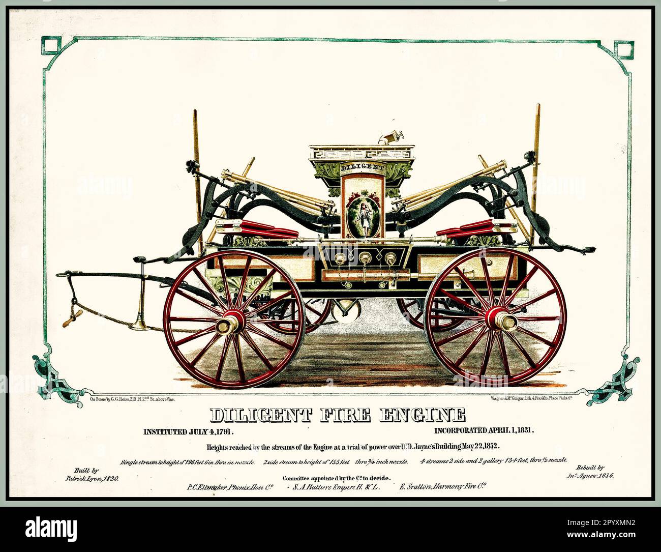 Oldtimer-Feuerwehrauto-Illustration 1852 Dilligent-Werbung Amerika USA Einfacher Wasserstrom durch eine Düse von 196 Fuß Stockfoto
