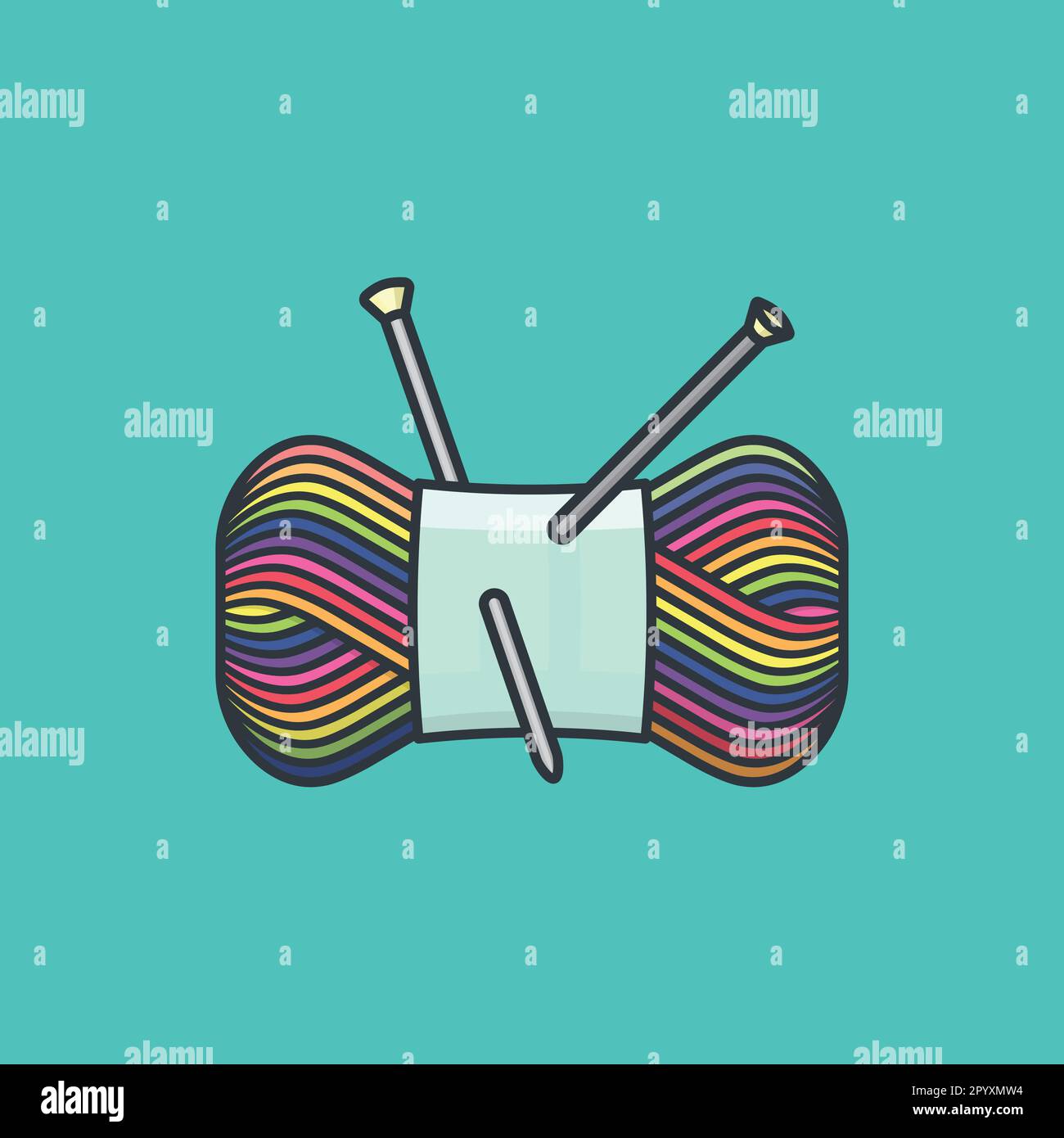 Bündel regenbogenfarbenes Wollgarn und Stricknadeln Vektordarstellung für Strick in Public Day am 10. Juni Stock Vektor