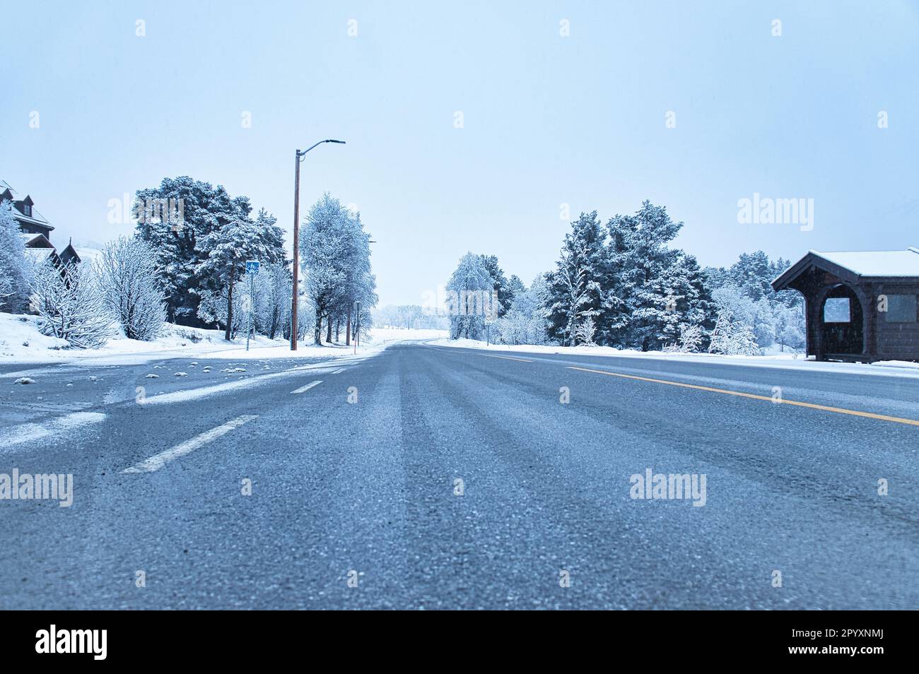 Winterlandschaft in Skandinavien. Mit schneebedeckten Bäumen auf einer Straße. Landschaftsfoto aus dem Norden Stockfoto