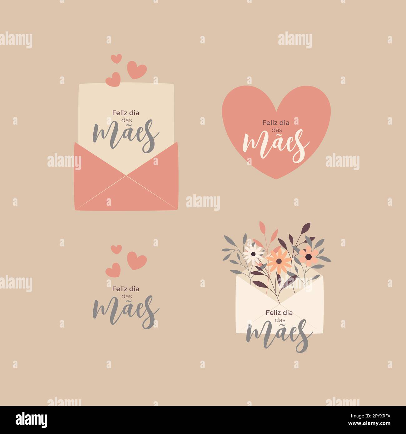 Ein Set Muttertagsgrüße niedliche Designs auf portugiesisch. Feliz dia das mães Stock Vektor