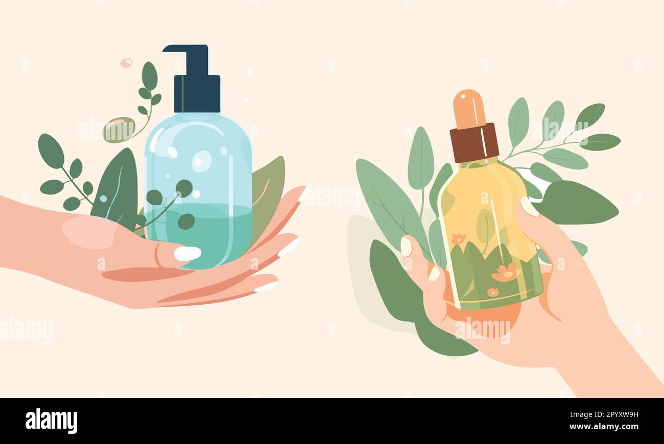 Bio natürliche Kräuter Kosmetik Gesundheit Hautpflege ätherisches Öl Flasche Kosmetik umweltfreundliches Produkt Stock Vektor
