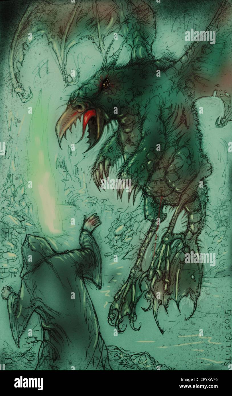 Horrorkunst-Illustration, von umhüllten Kultisten, angegriffen von geflügelten Vogelmonstern, die sich auf Lovecraft's Winged Ones im Call of Cthulhu beziehen. Stockfoto
