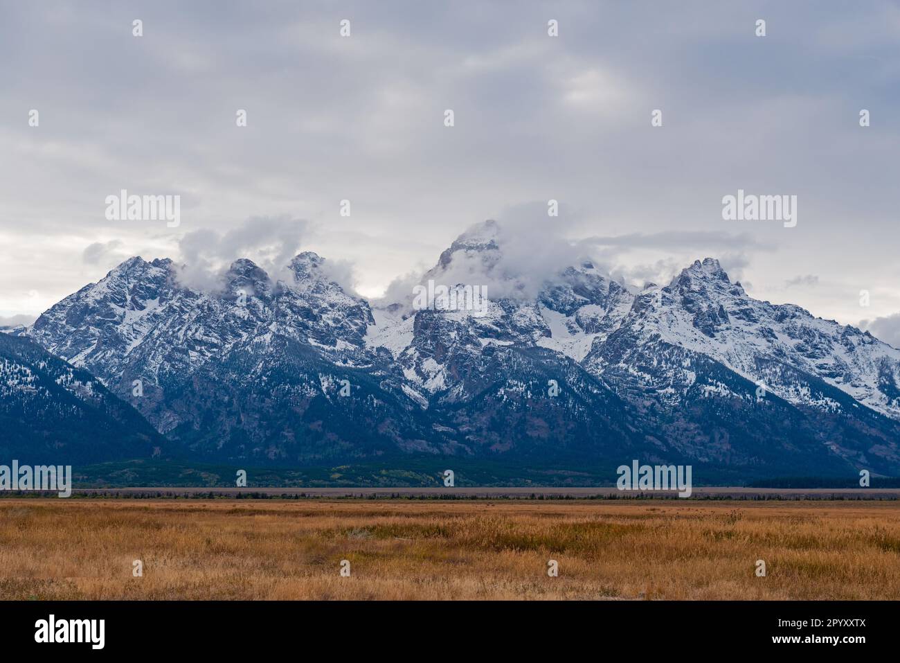 Grand Teton Mountain Peaks mit Schnee im Herbst, Grand Teton National Park, Wyoming, USA. Stockfoto