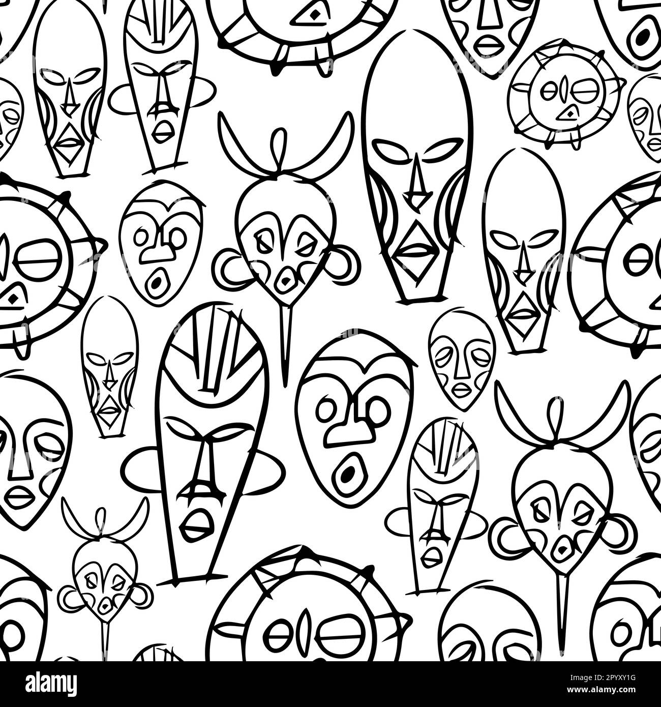Tribal Masks nahtloses Muster-Vektordesign. Afrikanische Ornamente im handgezeichneten Stil auf isoliertem weißem Hintergrund. Für Dekoration, Stoff, Tapete Stock Vektor